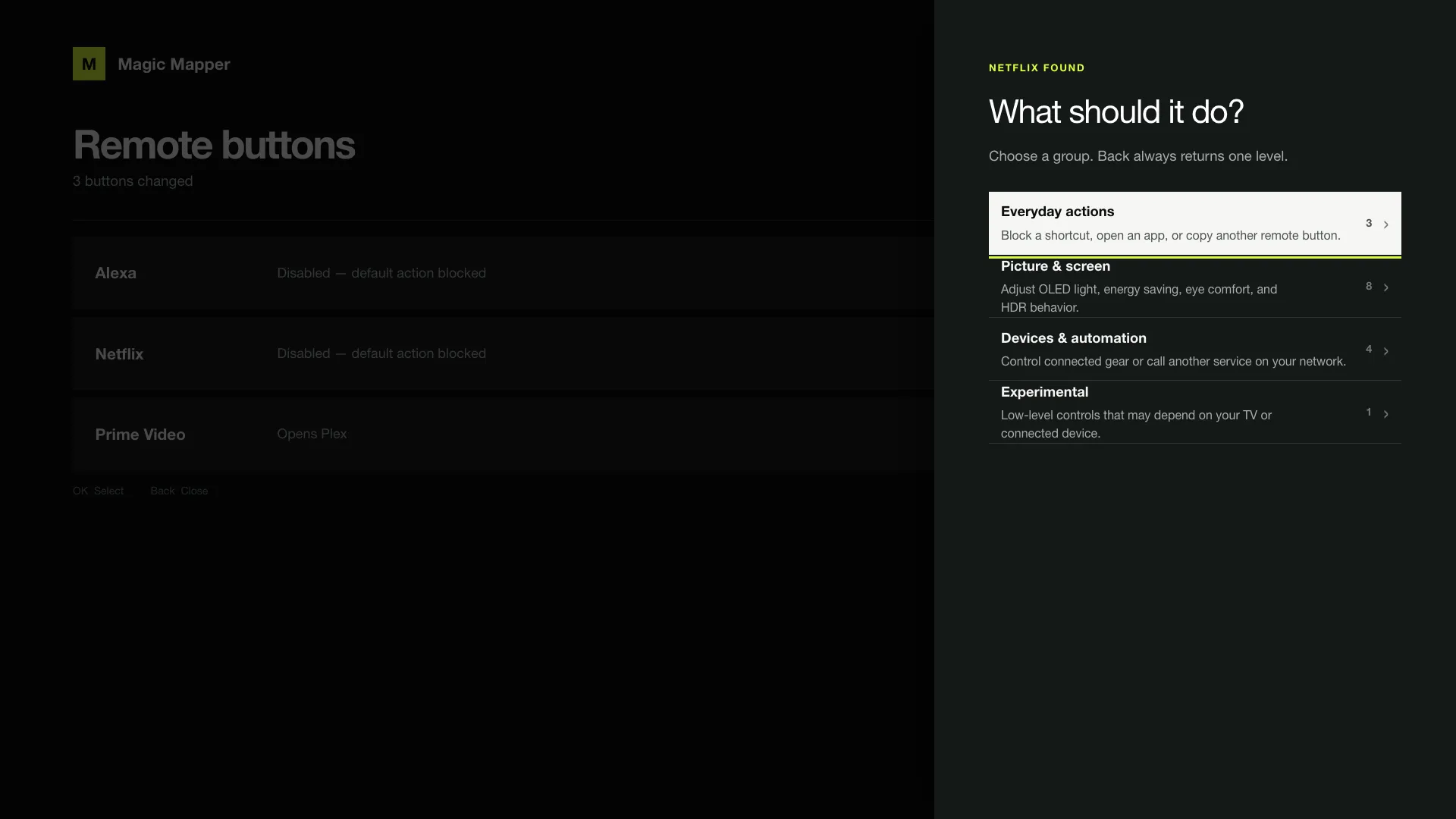 The action catalogue, with upstream actions grouped into remote-friendly categories.