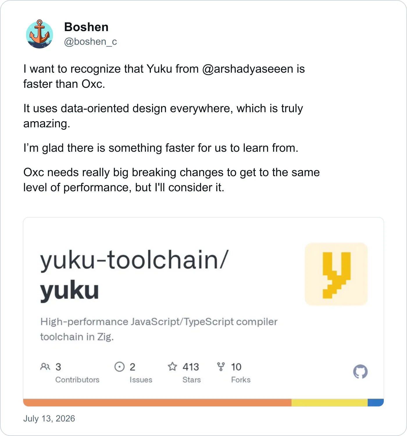 A post by Boshen praising Yuku for outperforming Oxc and saying he would consider major breaking changes to reach the same level of performance.