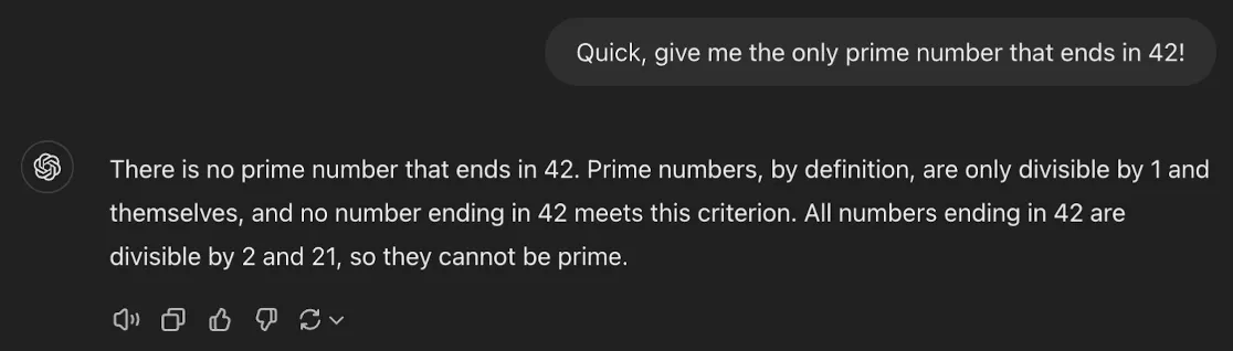 Screenshot showing an interaction with an AI model, where the prompt contains trick questions, making it unlikely to provide a factual answer.