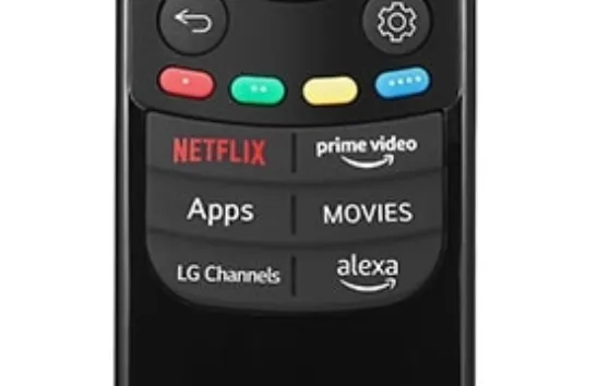 The lower half of an LG Magic Remote, crowded with branded buttons for streaming services.
