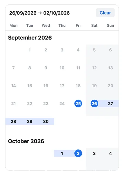 The MonthList picker with a range from 26 September to 2 October flowing across a week and a month boundary, past days disabled, and today badged.