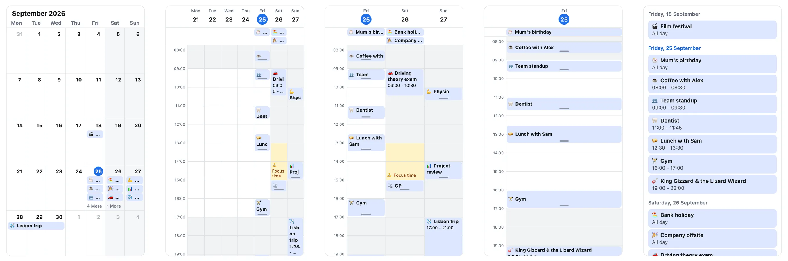 Month grid, week, 3-day, day, and a schedule list, all from one component.