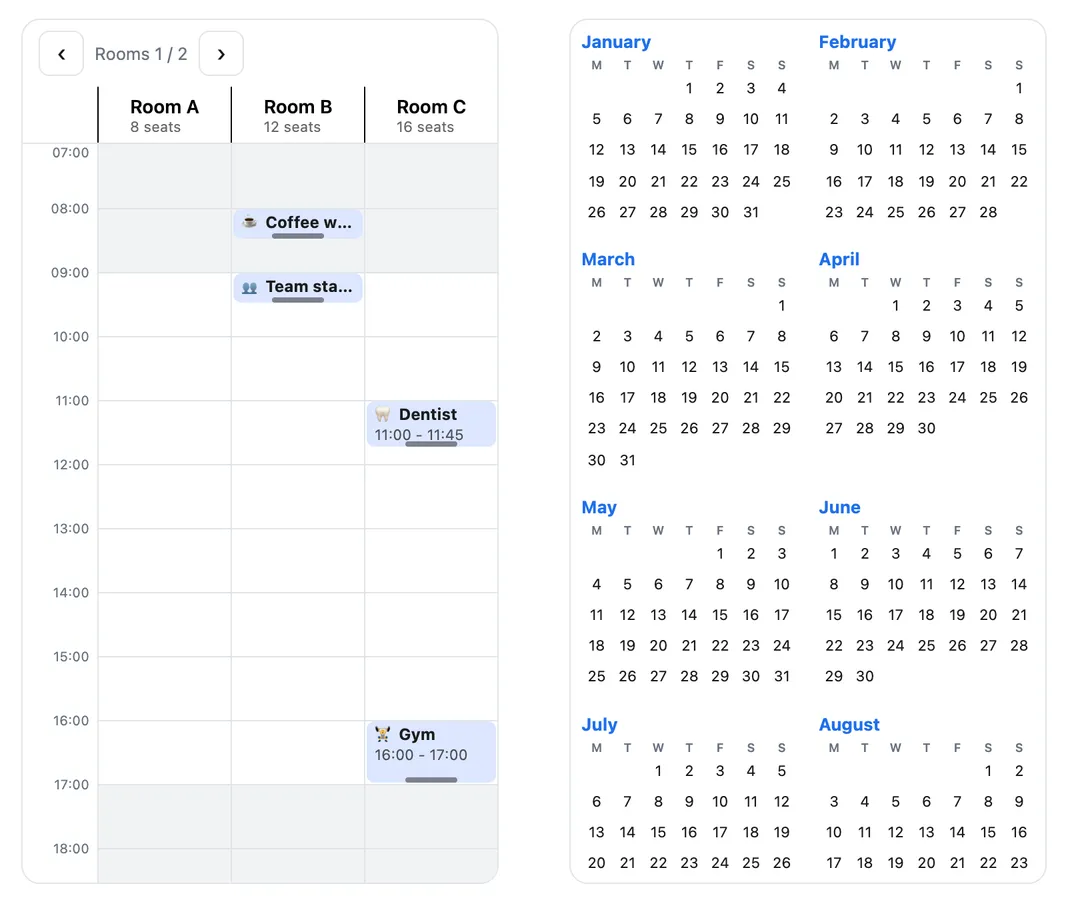 The resource timeline, paging through rooms laid out as columns, next to the year view.
