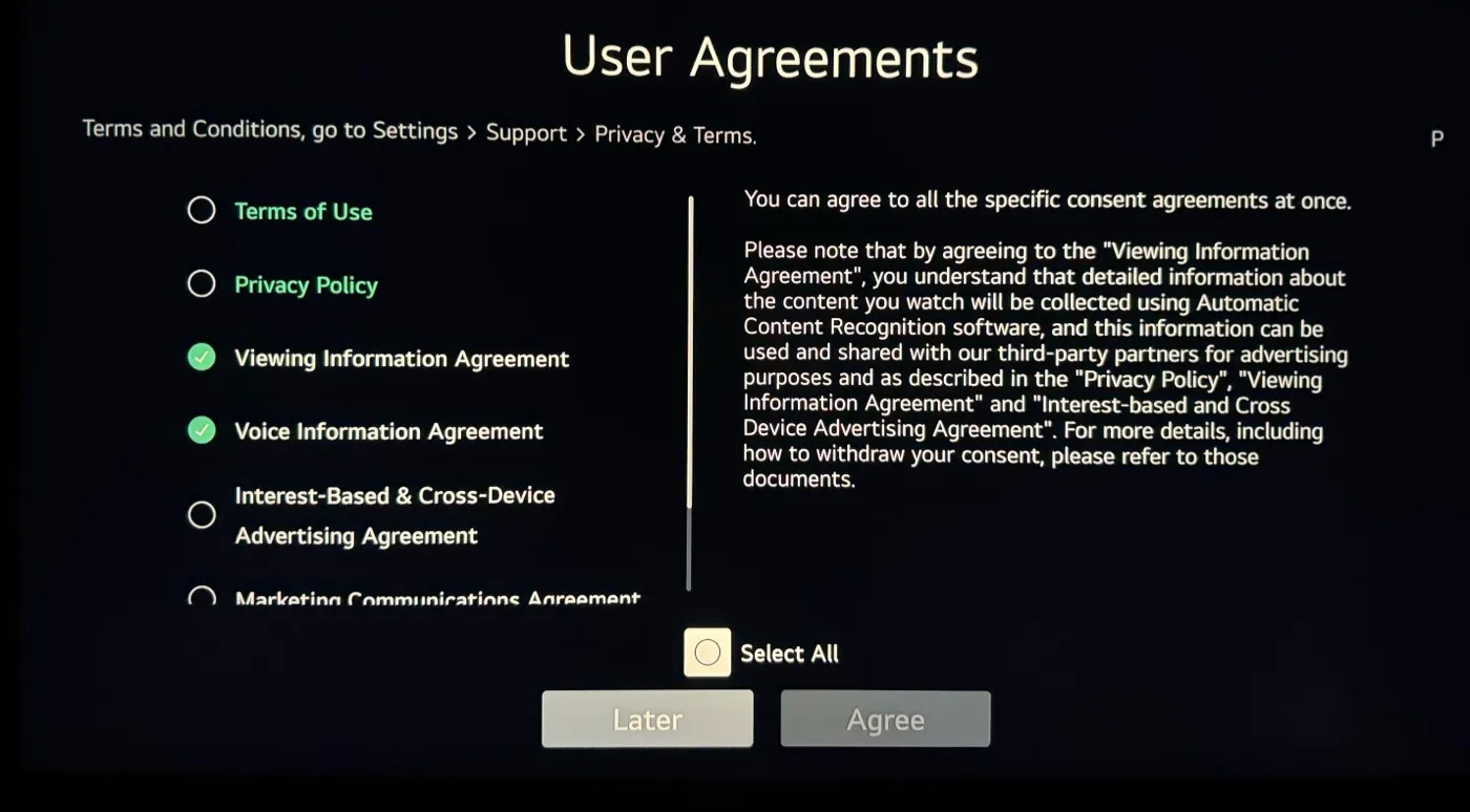 The LG User Agreements screen, asking for consent to viewing, voice, and advertising agreements.